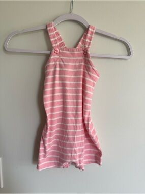 Hanna Andersson Pink and White Striped Knit Overalls Romper 100% Organic Cotton